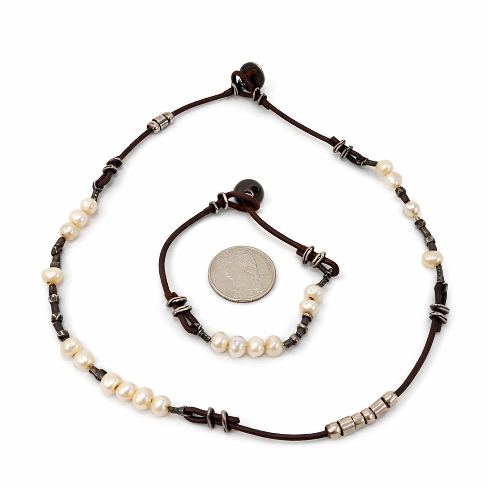 Retired Signed Silpada 925 Sterling Freshwater Pearl Leather Necklace + Bracelet - Picture 7 of 9